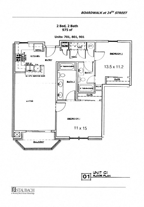 Floor plan for 2 beds, 2 baths, 975 sqft